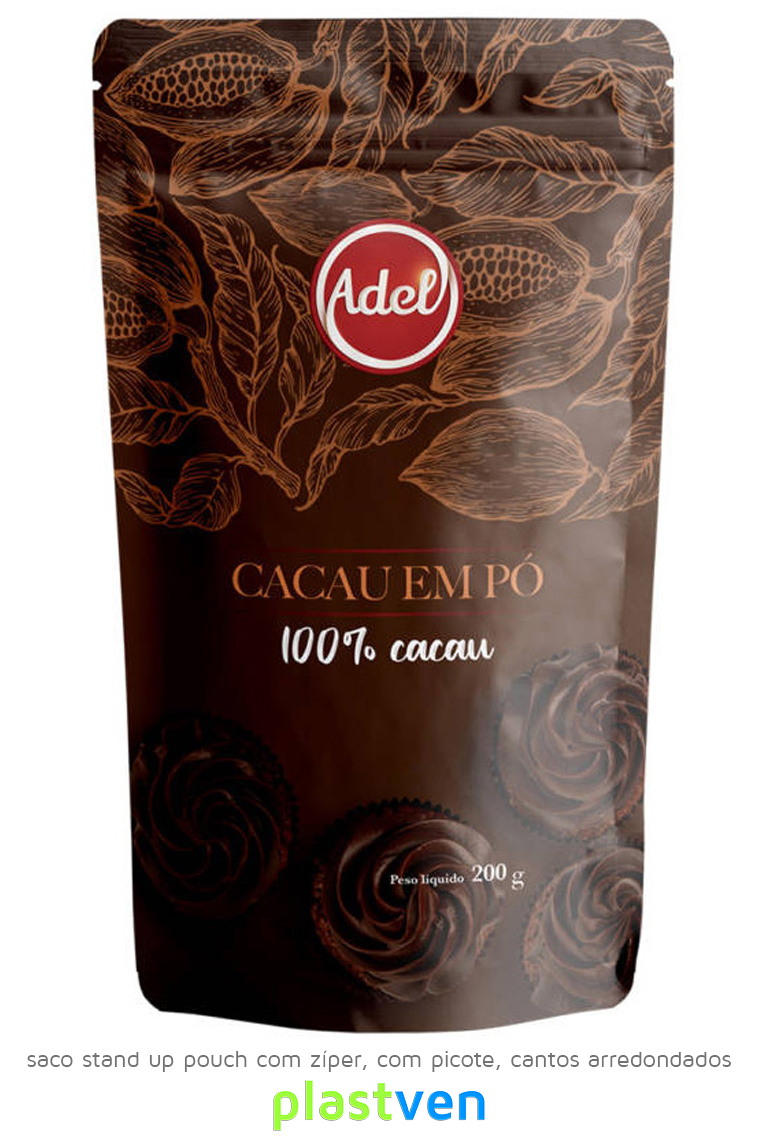 fabricante embalagem saco stand up pouch cacau em po adel com picote com ziper com canto arredondado